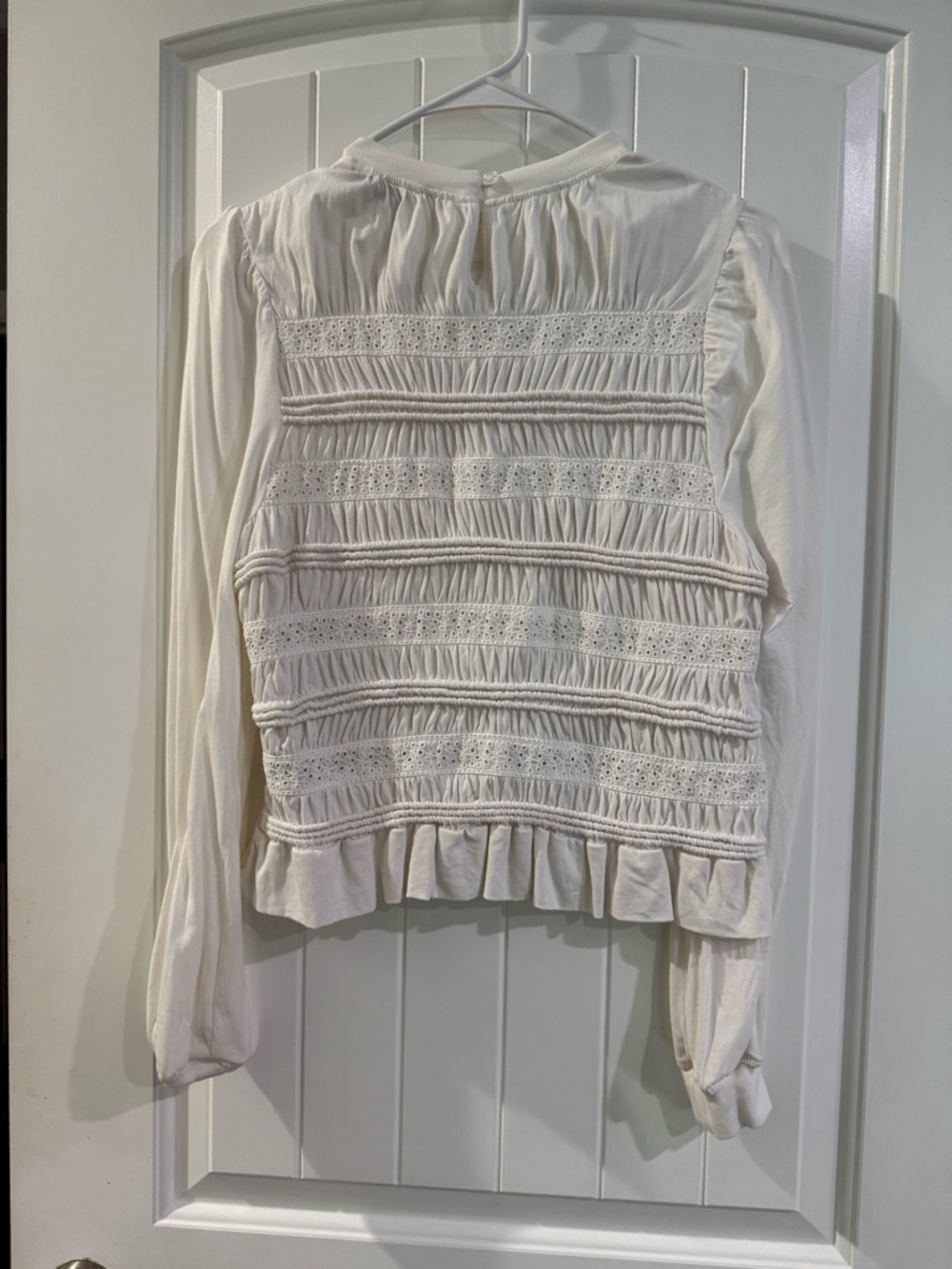 DKNY Women’s White Long-Sleeve Smocked Lace Blouse